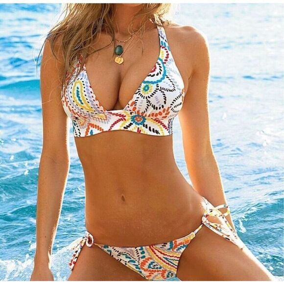 Victoria's Secret Other - Victoria’s Secret Bikini Set Top Triangle Halter Floral white background vibrant